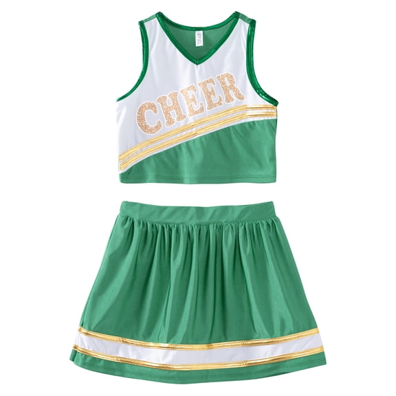 renvena Youth Girls Cheerleading PerformanceDancewear Cheer Sequins Printed Crop Top with Mini Skirt Cheer leader Uniform Green 12