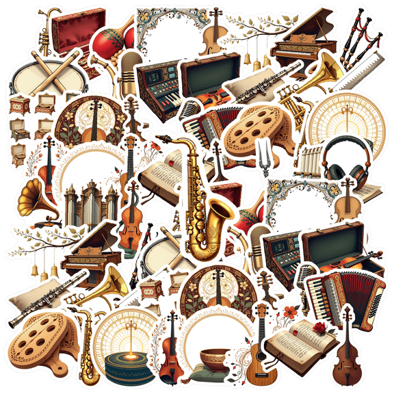 retro Music Instrument Stickers, Waterproof Music Instrument Sticker for Water Bottle Laptop Phone Cases Planner Skateboard Luggage Helmet Party Favor Decor, Ideal for Adults Teens Teacher Rewards