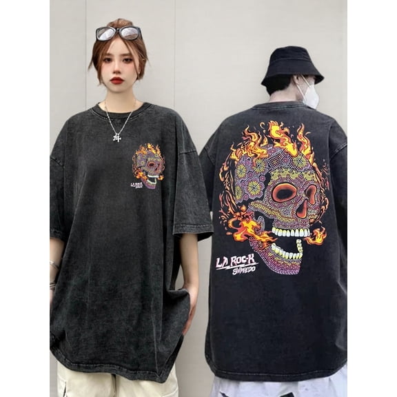 retro faded oversized black t shirt featuring a graphic design for men and women showcasing a skull with flames the la rock shirt is embellished with a flaming sku