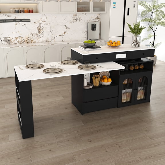retro kitchen island with marble veneer, extendable rotating table for small space