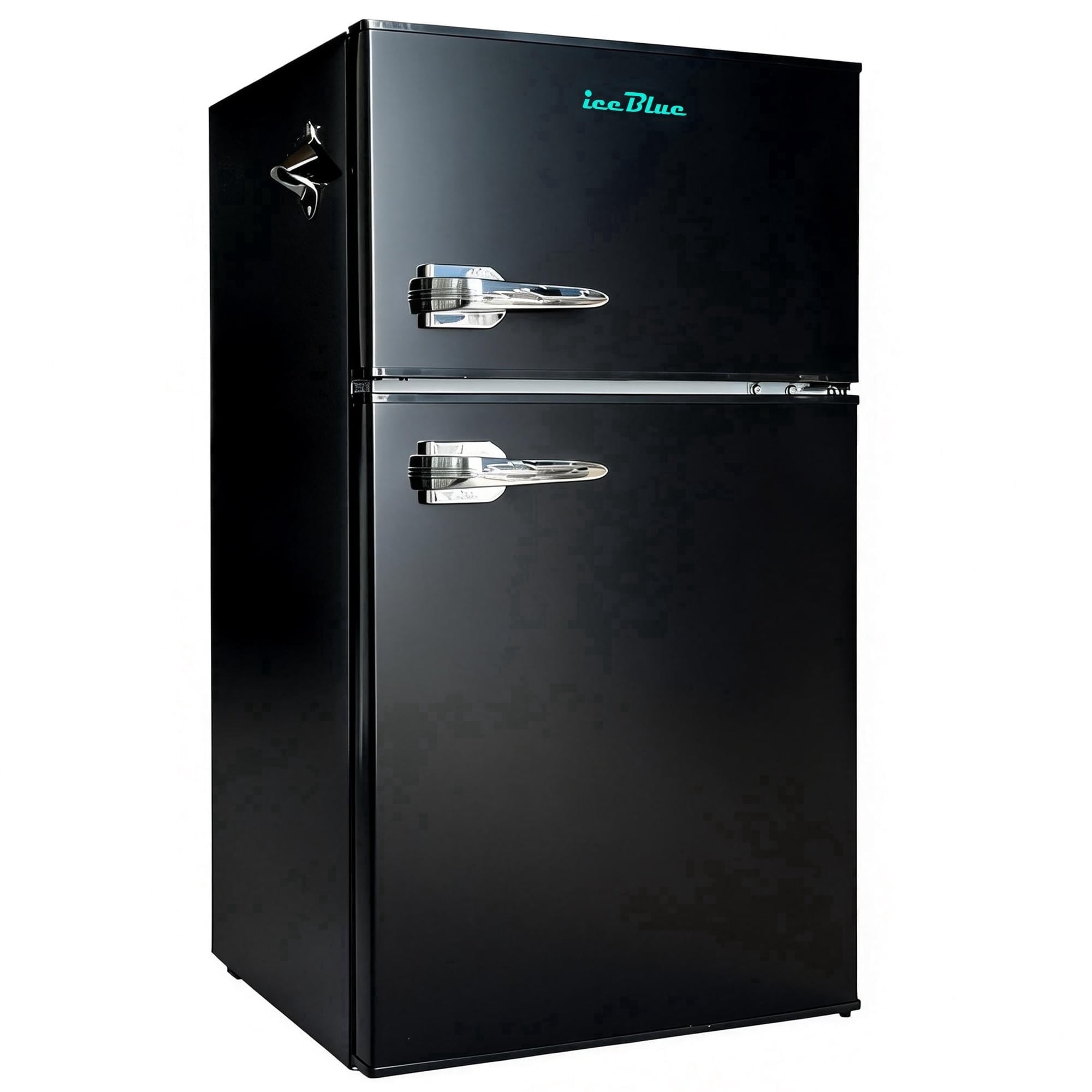 IceBlue 3.2 Cu.ft Retro Mini Fridge with Top Freezer, 2-Door Compact Refrigerator, Adjustable Temperature, with Bottle opener, Removable Glass Shelves, Black