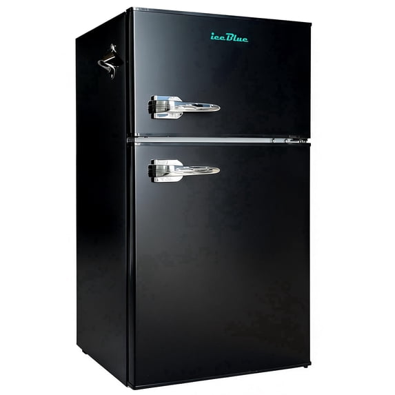 IceBlue 3.2 Cu.ft Retro Mini Fridge with Top Freezer, 2-Door Compact Refrigerator, Adjustable Temperature, with Bottle opener, Removable Glass Shelves, Black