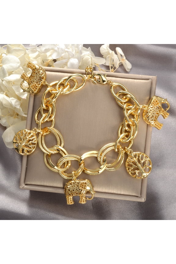 A retro-style charm bracelet made of copper, with elephant and tree of life pendant, simple hip-hop fashion chain, suitable for women's daily and party wear, is an ideal gift for friends and couples.
