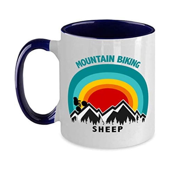 retro-sunset-mountain-trees-biking sheep Two Tone Navy and White Coffee Mug