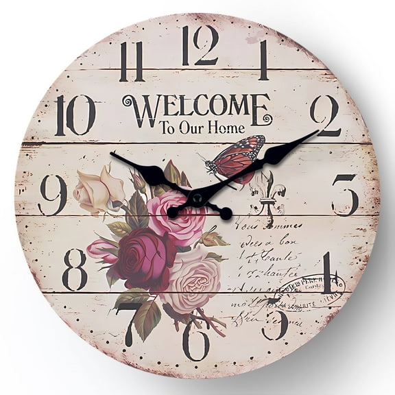 Retro wall clocks battery operated 12inch - rose wall clocks for living room decor - wood wall clock silent