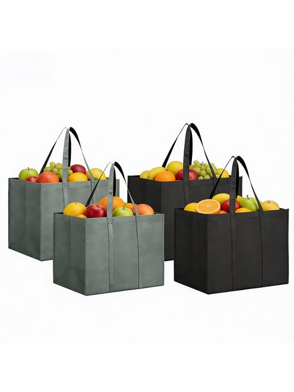 4 Pack Reusable Grocery Bags, Large Foldable Shopping Tote Bags with Long Handles, Multipurpose Heavy Duty Tote, Daily Utility bag, Black&Gray