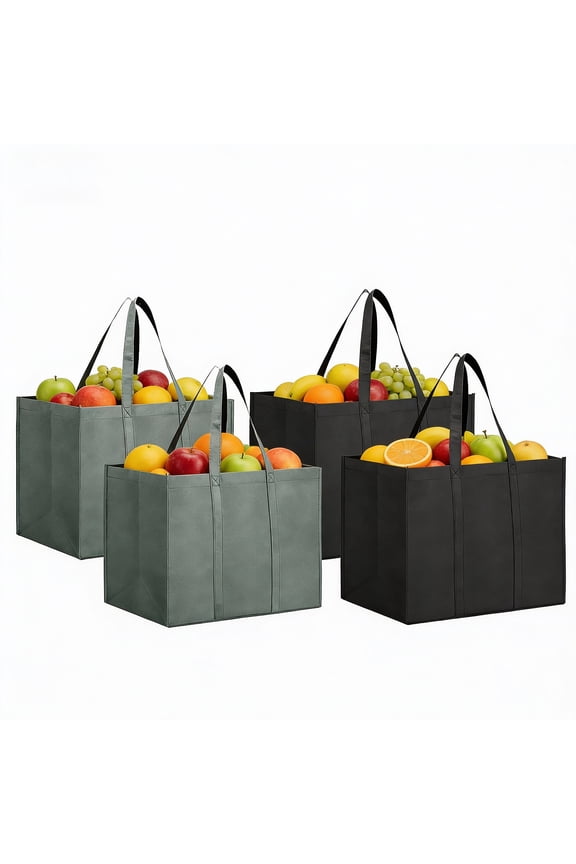4 Pack Reusable Grocery Bags, Large Foldable Shopping Tote Bags with Long Handles, Multipurpose Heavy Duty Tote, Daily Utility bag, Black&Gray