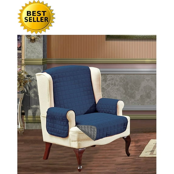reversible furniture protector! elegant comfort luxury slipcover/furniture protector great for pets & children with straps to prevent slipping off, wing chair, navy blue/gray