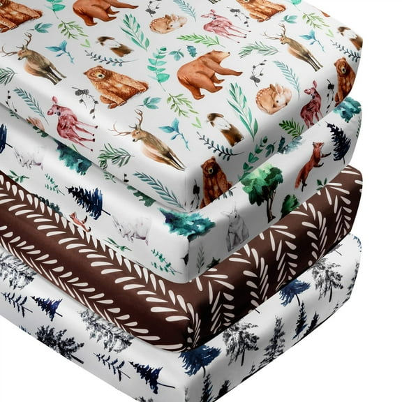 rezipo Crib Sheets Set 4-Piece 120 Thread Count Animals & Insects Green Woodland Polyester Fitted