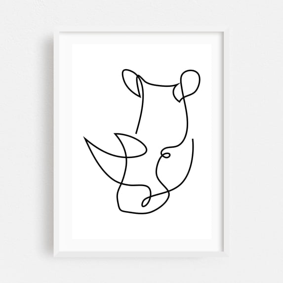 rhino one line - menace - Line Drawing Line Art Abstract Minimalist Modern Art Black and White Wildlife Animal White Framed Wall Art Print 16 x 24 inches