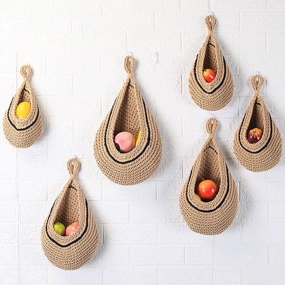 riaocot Woven Hanging Wall Basket Rustic Boho Style Handmade Large Jute Waterdrop Shape Fruits Vegetable Storage Net Bag Kitchen Supplies