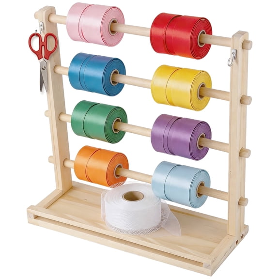 4-Tier Wooden Ribbon Storage Rack, Ribbon Organizer Spool Holder Dispenser, Wood Tape Holder with Dual Side Hooks, 15.75 x 5.9 x 15.75 in for Craft Room Boutiques Florist Gift Wrapping