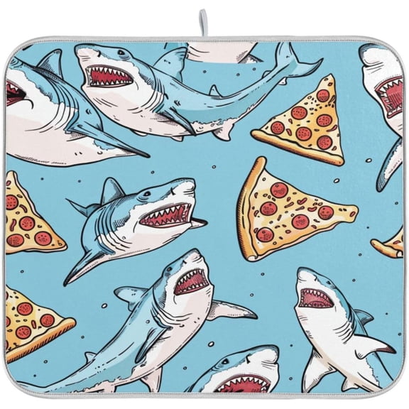 riloi Dish Drying Mat, Sharks and Pizza Absorbent Dish Drying Pads for Kitchen Countertop 16 x 18 inches
