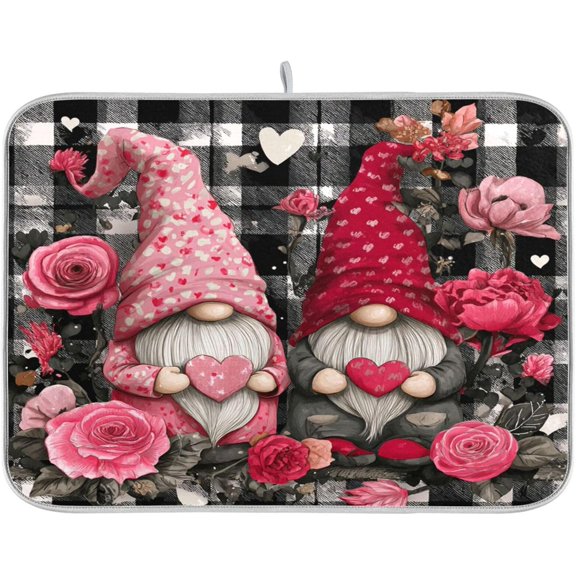 riloi Valentine''s Day Two Gnomes Dish Drying Mat for Counter Rose Hearts Drying Kitchen Mats Coffee Bar Mats for Countertops Dishes Utensils Sinks 16 x 18 IN