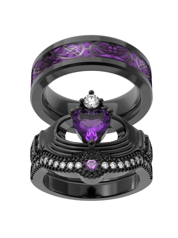 2 Matching Rings His and Hers Ring Couple Rings Heart CZ Wedding Ring Sets for Him and Her Womens Claddagh Ring Sets Men Wedding Band