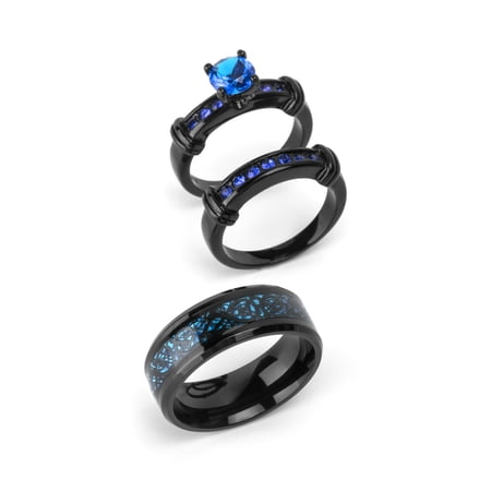 ringheart 3 Matching Rings His and Her Rings Couple Rings CZ Women Wedding Ring Black and Blue Ring