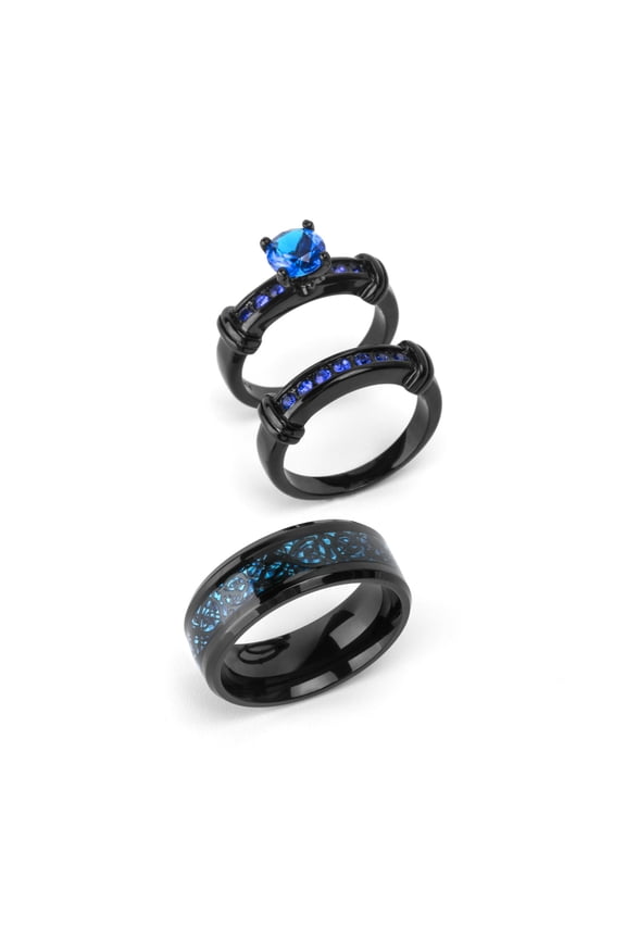 3 Matching Rings His and Her Rings Couple Rings CZ Women Wedding Ring Black and Blue Ring