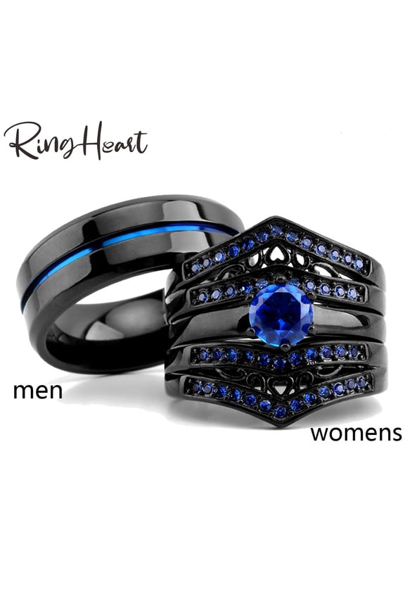4 Matching Rings Couple Rings CZ Women Wedding Ring Sets for Him and Her Black and Blue Ring