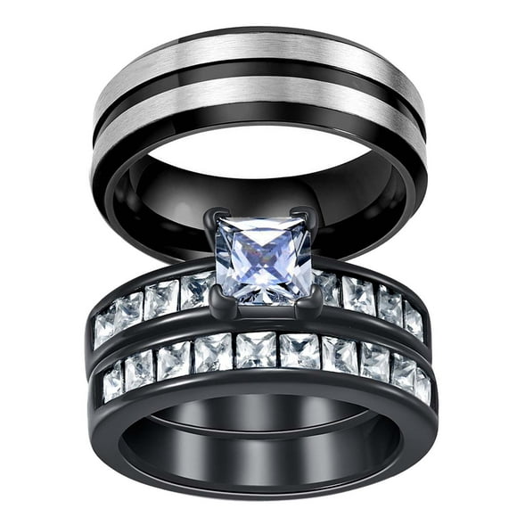 Black Matching Rings His Her Ring Sets Couple Rings AAA CZ Women Wedding Ring Sets for Him and Her Men and Women Ring