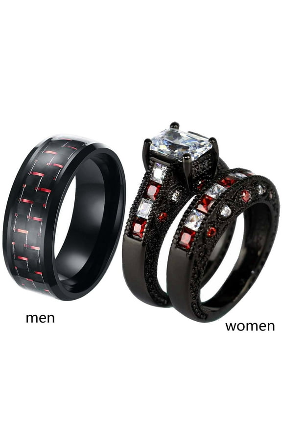 Black Matching Rings His Her Ring Sets Couple Rings Red CZ Women Wedding Ring Sets for Him and Her Men and Women Ring