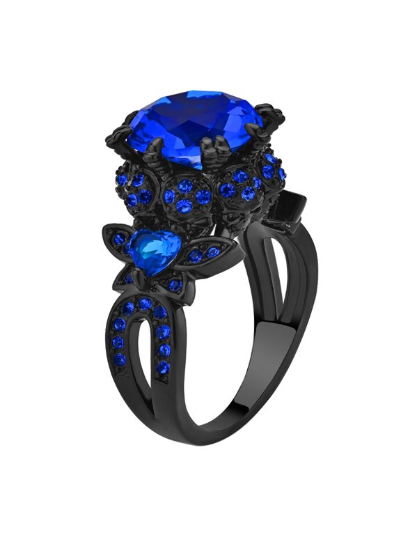 Black Skull Ring for Women Punk Ring Blue CZ Women Wedding Ring Engagement Ring Skeleton Ring