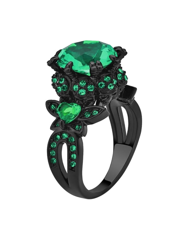 Black Skull Ring for Women Punk Ring Green CZ Women Wedding Ring Engagement Ring Skeleton Ring