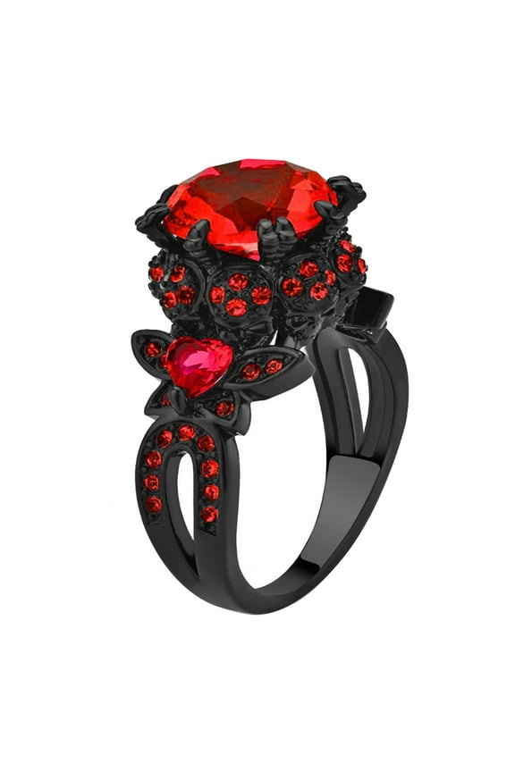 Black Skull Ring for Women Punk Ring Red CZ Women Wedding Ring Engagement Ring Skeleton Ring