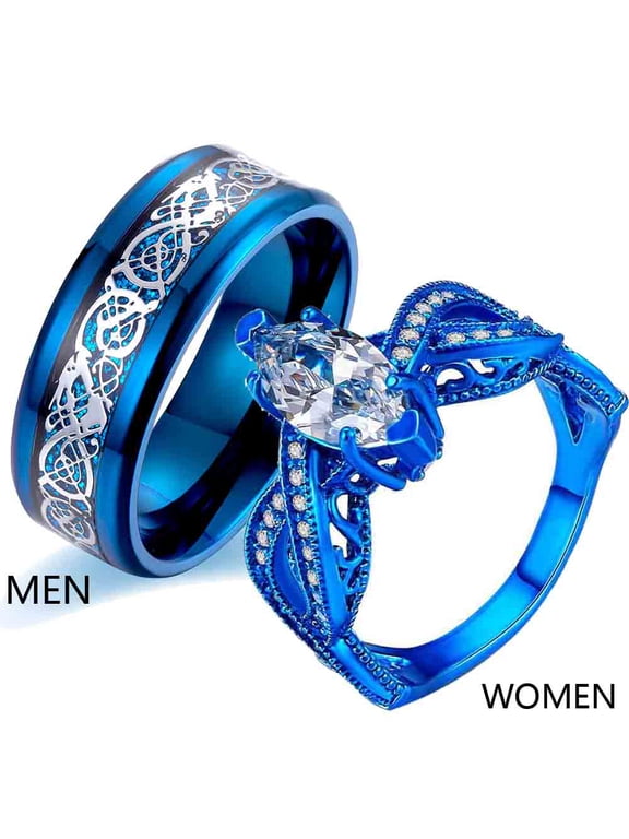 Blue Matching Rings His and Her Rings Couple Rings 1CT CZ Women Wedding Ring for Him and Her Men and Women Ring