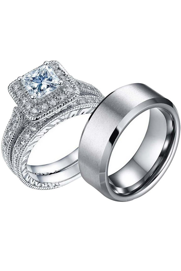 Matching Rings His and Her Rings Couple Rings AAA CZ Wedding Ring Sets for Him and Her Men and Women Ring Stainless steel Ring