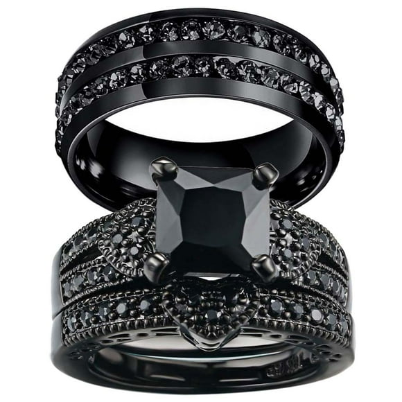 Matching Rings His and Her Rings Couple Rings Black Cz Wedding Ring Sets for Him and Her Womens Ring Titanium steel Men Ring