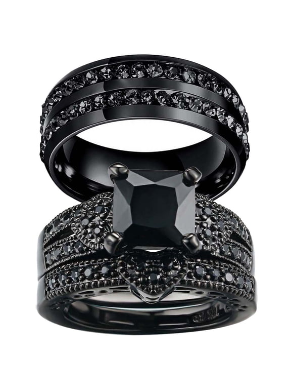 Matching Rings His and Her Rings Couple Rings Black Cz Wedding Ring Sets for Him and Her Womens Ring Titanium steel Men Ring
