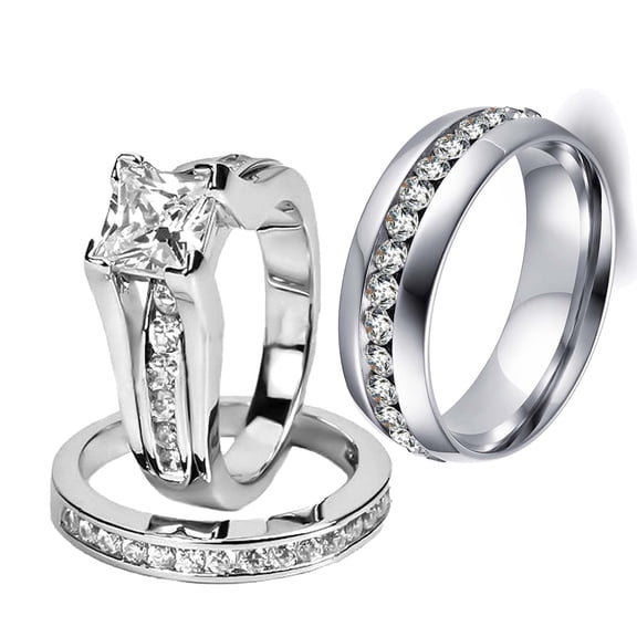 ringheart Matching Rings His and Her Rings Couple Rings Princess cut AAA CZ Wedding Ring Sets for Him and Her Men and Women Ring