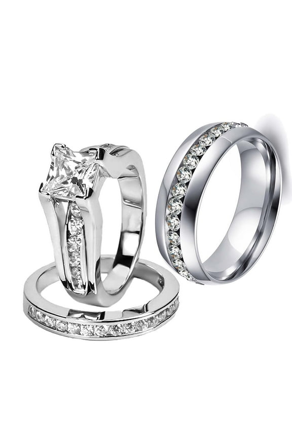 Matching Rings His and Her Rings Couple Rings Princess cut AAA CZ Wedding Ring Sets for Him and Her Men and Women Ring