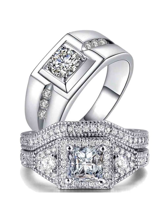 Matching Rings His and Her Rings Couple Rings Princess cut Cz Wedding Ring Sets for Men and Women Wedding Sets Engagement ring