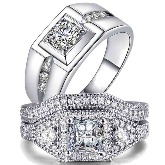 ringheart Matching Rings His and Her Rings Couple Rings Princess cut Cz Wedding Ring Sets for Men and Women Wedding Sets Engagement ring