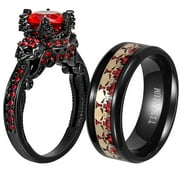 ringheart Skull Rings Matching Rings Couple Rings Red Cz Wedding Ring for Him and Her Men and Women Ring Skeleton Rings