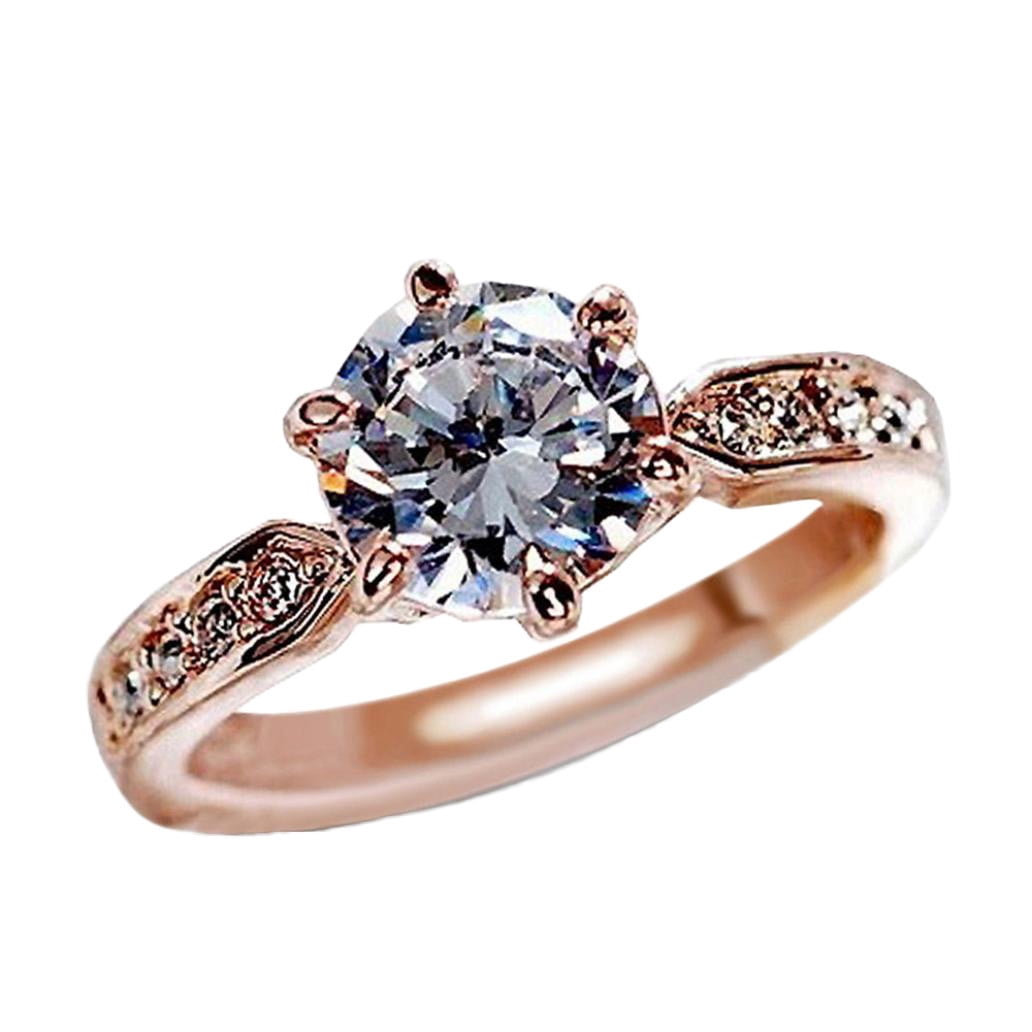 rinsvye Crystal Rose Gold Six Prong Diamond Ring Wedding Rings Simple ...