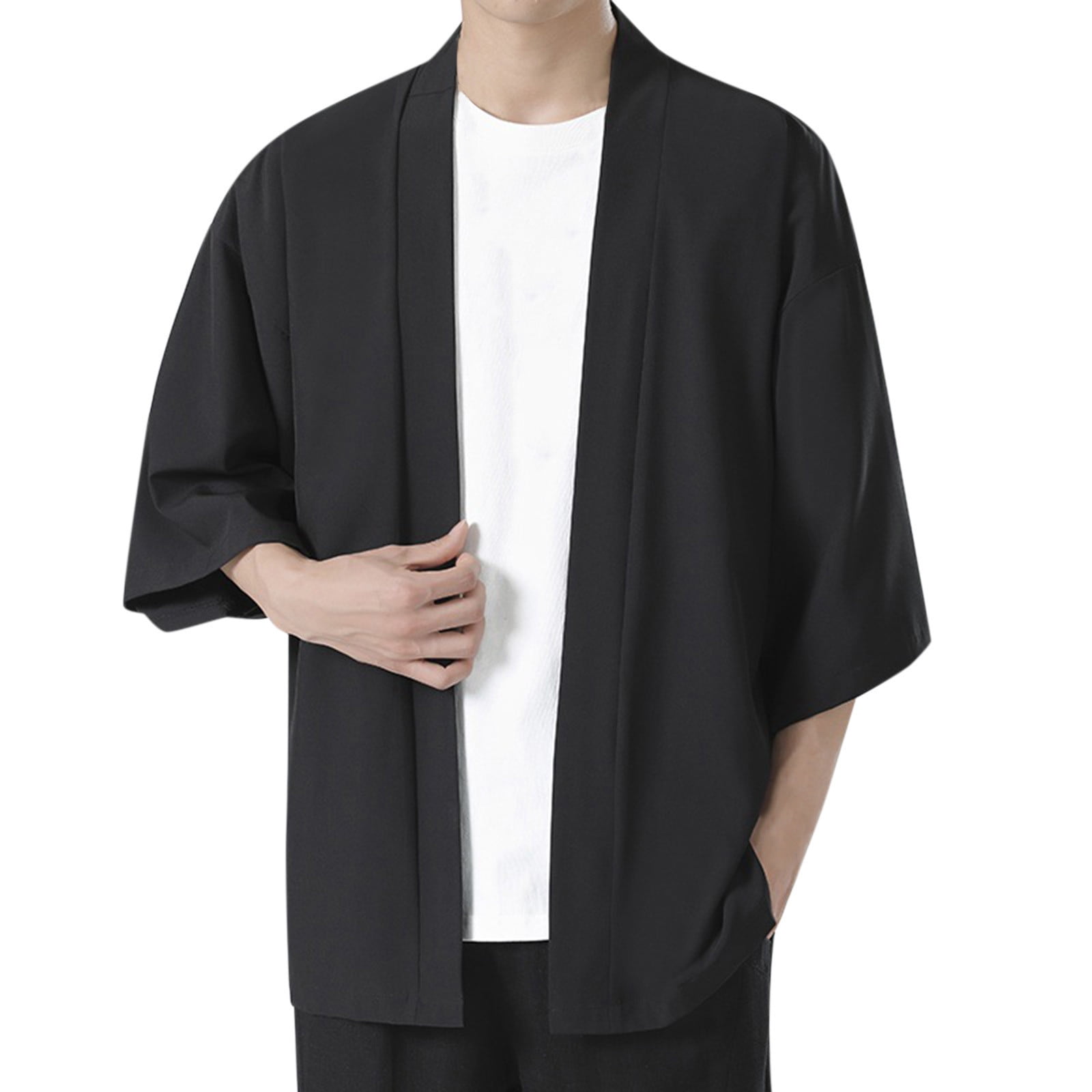 Herren Kimono Jacke 2024 - Drop Shoulder Open Front Cardigan Schwarz