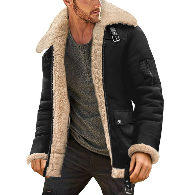 rinsvye Mens Fashion Simple Winter Coat Lapel Collar Long Sleeve Padded Leather Jacket Vintage Thicken Coat Sheepskin Jacket Cold Weather Jacket for Men Men S Outerwear Jackets for Teens Rain Jacket