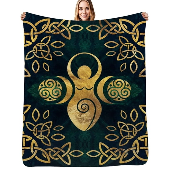 riple Goddess with triskele - gold on shimmer green Flannel Blankets Soft Throw Blanket Winter Travel Office Outdoor Bedspread