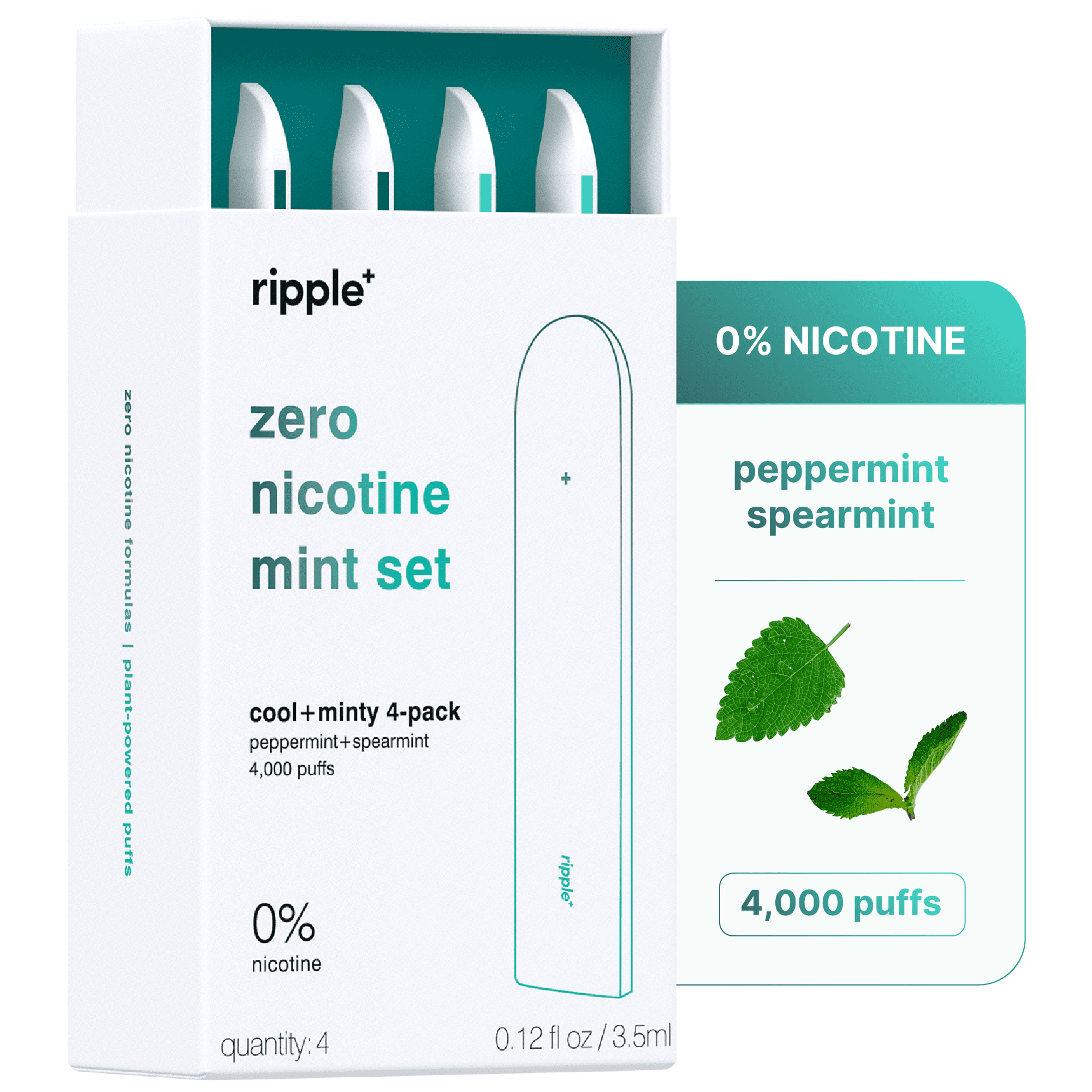 Ripple Zero Nicotine Mint Set - Peppermint and Spearmint Aroma, 0% Nicotine Diffuser 4,000 Puffs, 4 Pack