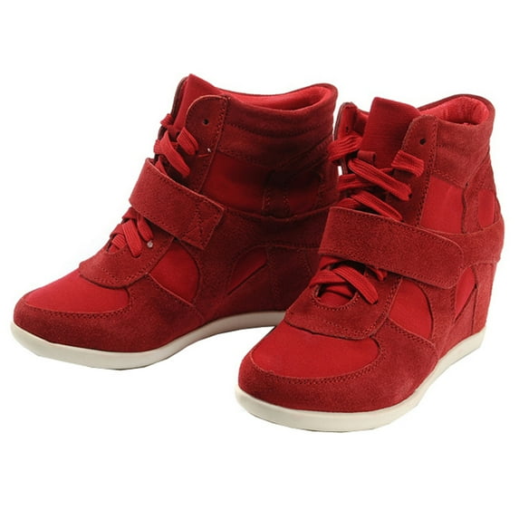 rismart Women's Wedge Hidden Heel High Top Lace-up Suede Fashion Sneakers Red US4.5 8522