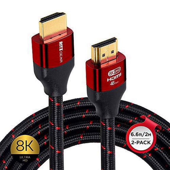 Ritz Gear 8k HDMI Cable 6.6 ft, HDMI to HDMI Cable [2 Pack] with Braided Nylon Cord & Gold Connectors