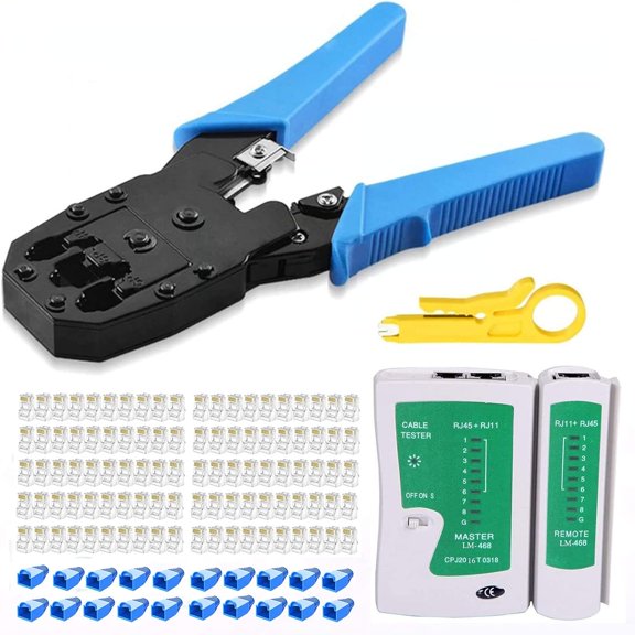 rj45 Crimp Tool Kit, Cat5 Cat5e Crimping Tool with 100pcs rj45 Cat5 Connectors, 20pcs rj45 Cat5e Connector Covers, Cable Tester, Network Wire Stripper$$Tools & Hardware Other