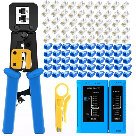 rj45 Crimping Tool for Cat6 Cat5e Cat5, Sturdy Crimper for rj45 rj12/11 Pass-Through Connectors with 50pcs rj45 Cat5e Pass-Through Connectors, 50pcs Covers, Wire Stripper; Network Cable Tester