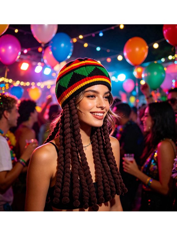 Jamaican Style Knit Beanie Hat with Braids Wig, Red Yellow Green Pattern Winter Warm Costume Cap, Flexible One Size Fit for Party Festival Cosplay Photo Props
