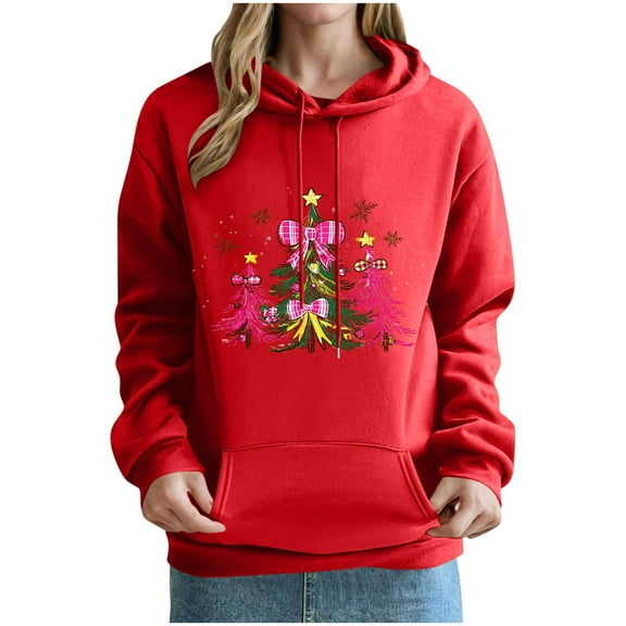 roadlitg Christmas Hooded Sweatshirt for Women Long Sleeve Cute Printed Pullover Sweatshirts Fall Winter Warm Tops