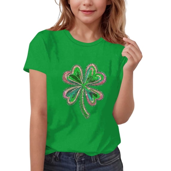 Pileajo Kids St Patrick's Day Shirts Short Sleeve Round Neck Shamrock Graphic Printed Tees Boys Girls Summer Tops