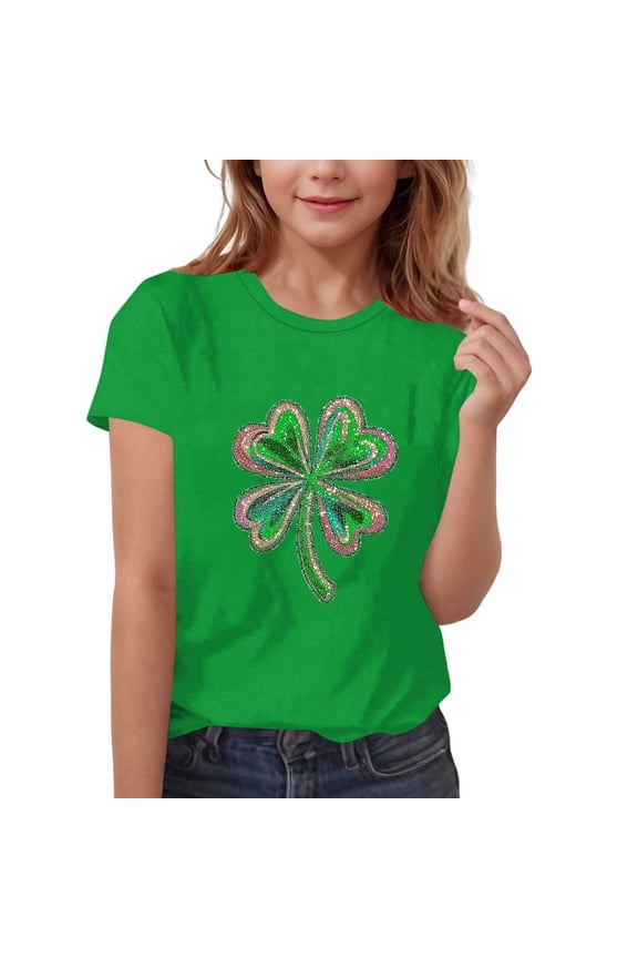 Kids St Patrick's Day Shirts Short Sleeve Round Neck Shamrock Graphic Printed Tees Boys Girls Summer Tops