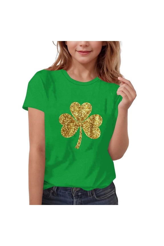 Short Sleev Shirts for Kids St Patrick's Day Round Neck Tees Summer Boys Girls Shamrock Graphic Printed Tops